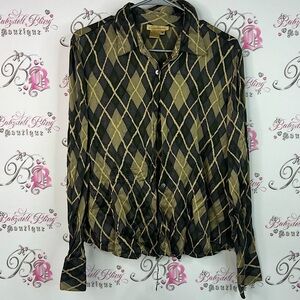 A.F Christopher 100% Silk Shirt with Diamond Pattern argyle luxury green gold